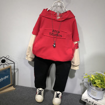 Boys red sweater suit trendy handsome big boy sweater Childrens 2020 spring Korean version hooded top sweatpants