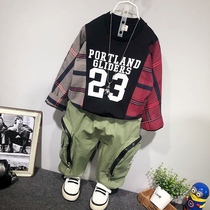 Boys  personality sweater plaid childrens stitching long-sleeved top Yangqi Korean version of the 2020 autumn new products in the big childrens tide