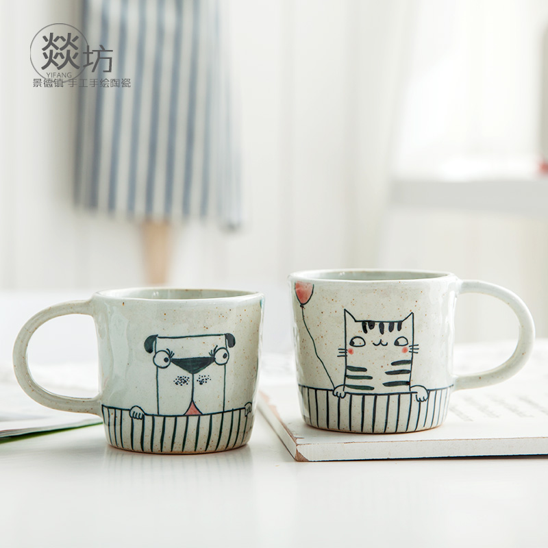Creative Mark Cup Cartoon Ceramic Cups Coffee Mug Milk Cup Hand-painted Cute Cat Dog Cup Delivery Spoon 