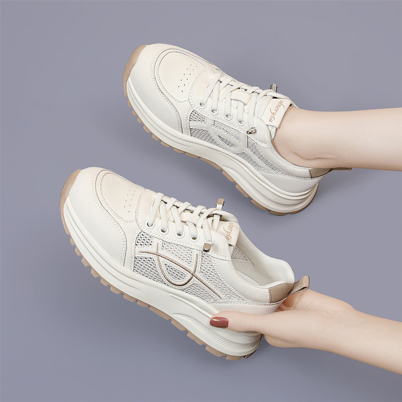 Lightweight White Sneakers for Women, 2026 Spring/Summer Versatile Genuine Leather Casual Breathable Travel Shoes, Mesh Running Shoes