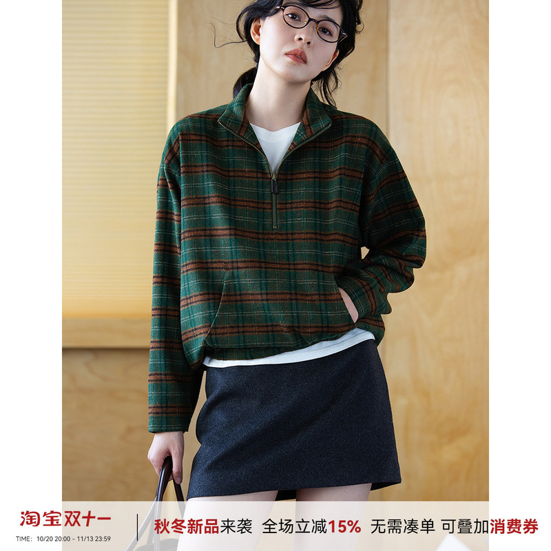 Wethee | Apricot-Colored Vintage Style Plaid Pullover Jacket in Thin Woolen Fabric. the Actual Item Will Reveal the True Color.