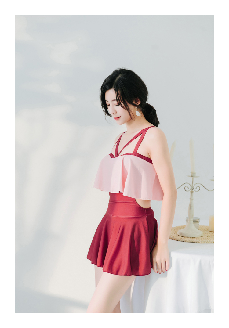 Mulang áo tắm ngực nhỏ thép tấm thu thập bảo thủ bên sen lá váy giảm béo nước hoa nhỏ mùa xuân nóng áo tắm phụ nữ đồ bơi liền thân cho nữ