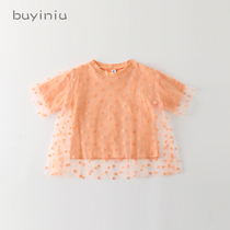 Girls short-sleeved T-shirts childrens girls foreign waves net gauze shirts children fake two Princess summer clothes
