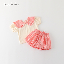 Girl suit cloth girl Summer Girl doll collar wave dot shorts two-piece set children Net red short set tide