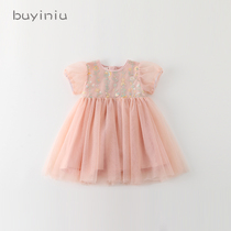 Girl princess dress cloth girl girl child Summer foreign net gauze dress children bubble sleeve puffy gauze dress