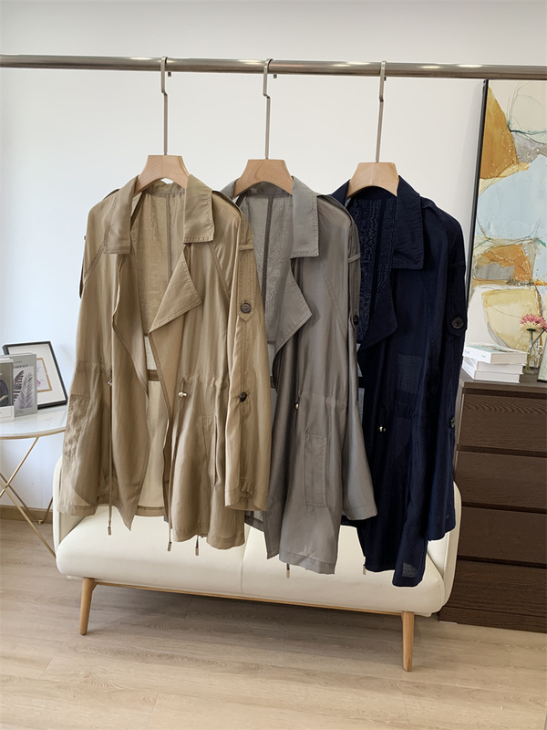 Original Tencel Blend Airy Thin Blazer with a Suit Collar, Mid-Length Trench Coat, Waist-Cinching Slimming Jacket, Sun Protection Clothing for Women in Summer