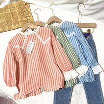 Dayijia brand childrens clothing Ximuxi spring middle and large childrens pure cotton striped lace ladys shirt (two pieces)