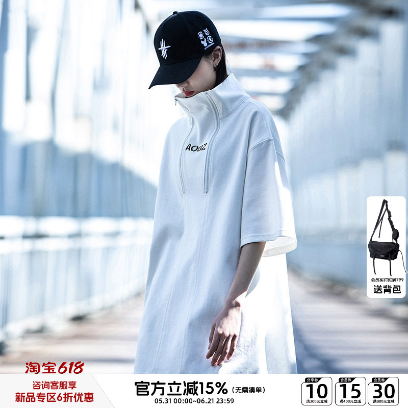 Aogz Chinese Trendy Brand High-Neck Short-Sleeve T-Shirt Men's Summer Design Couple Outfit American Style Stand-Up Collar Half-Zip Clothing