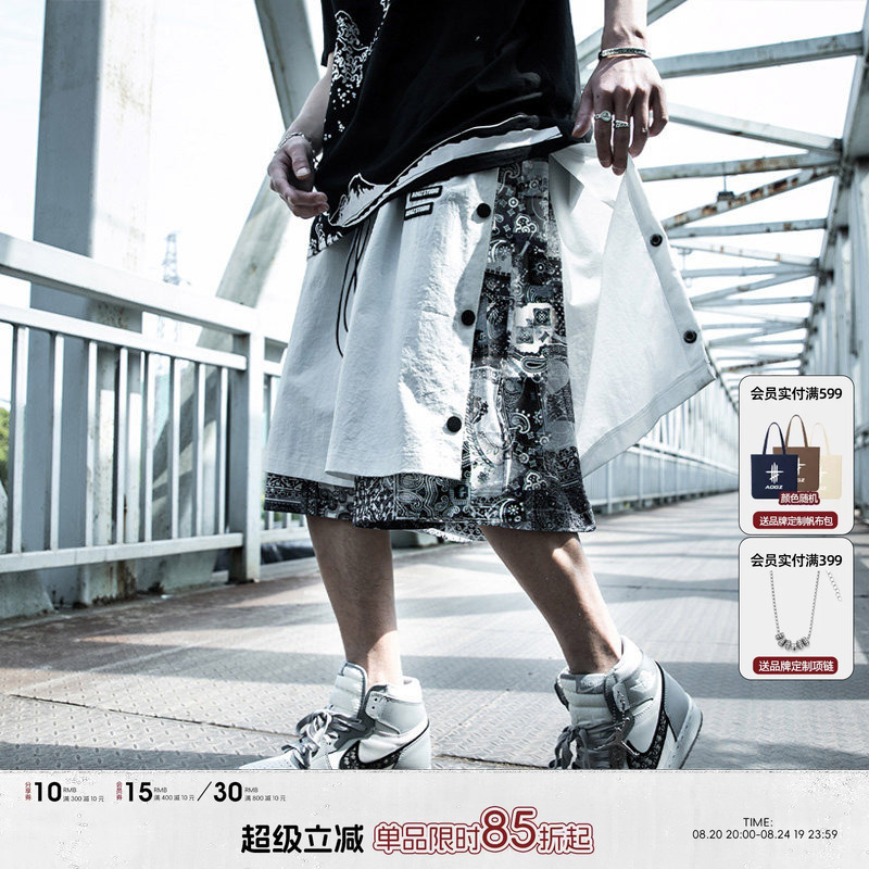 Aogz Summer Paisley Button-Up Five-Point Shorts for Men, Loose Fit, Plus Size, Trendy American Style, Fake Two-Piece Basketball Shorts