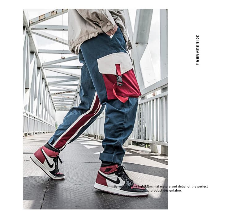 Guochao đường phố màu tương phản quần yếm quần lỏng hip hop thủy triều thương hiệu quần đa túi quần dài nam