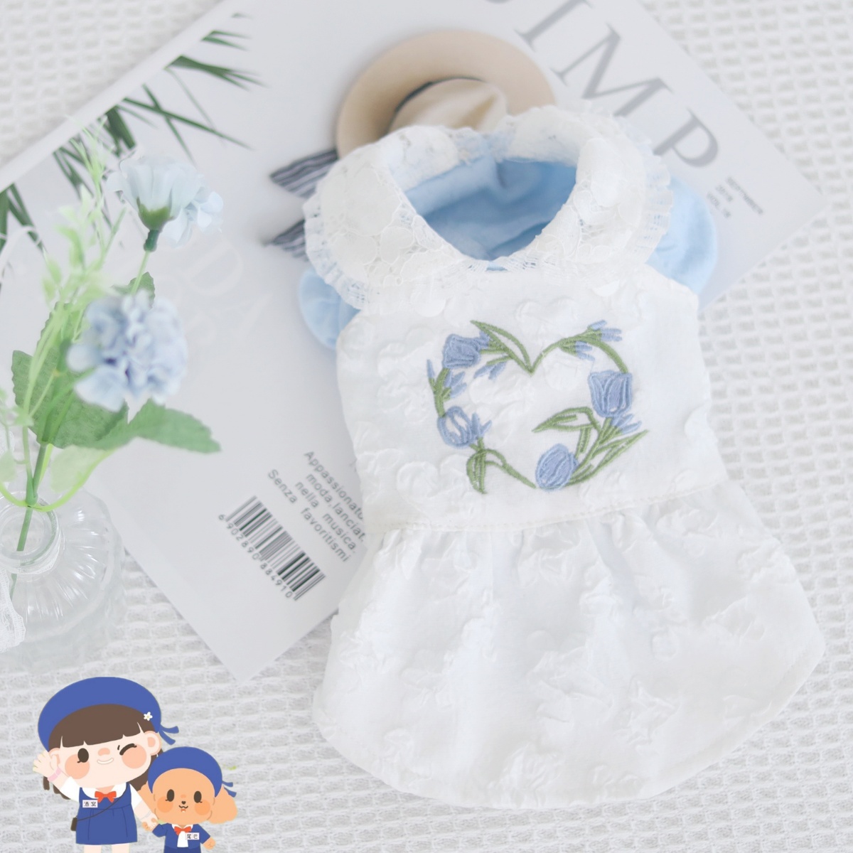 Pet Cat Dog Clothing Lace Blue White Suzulan Suit Dress Fresh Bubble Sleeve Small Dog VIP Teddy Bib Bear Dog
