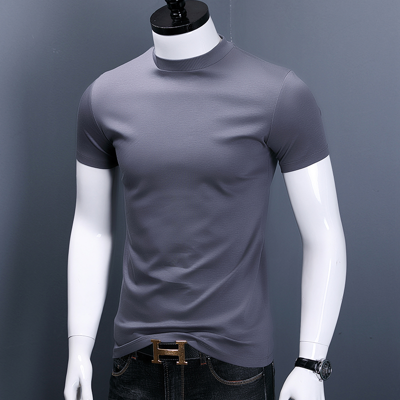 Double Mercerized Cotton T-Shirt for Men, High Round Neck, Trendy Slim Fit Base Shirt, Small High Collar, Ice Silk Pure Cotton, Mid-Neck, Short Sleeve T-Shirt