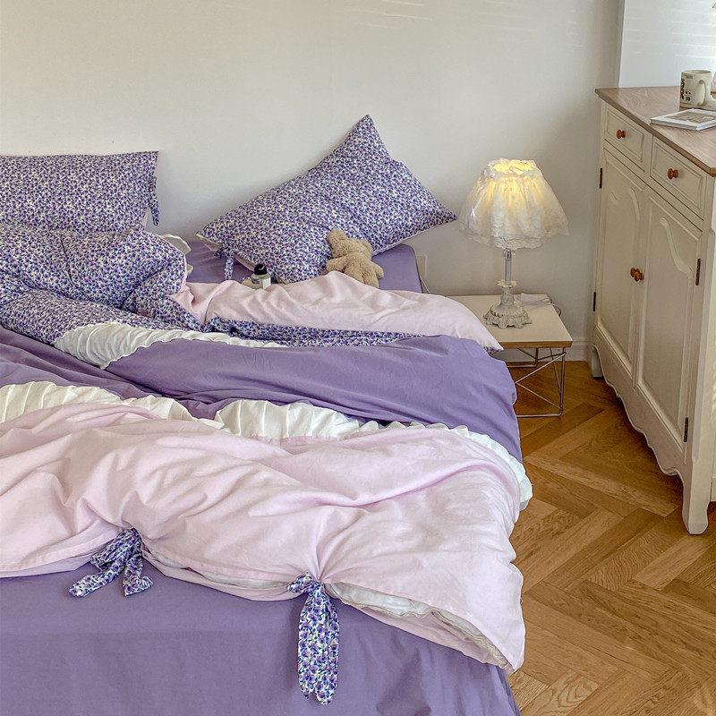 Korean princess style cotton four-piece floral lace quilt cover cotton girl style bed cover stitching bow decoration