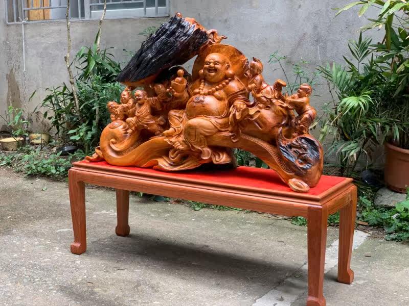 Yew wood carving Maitreya Buddha five sons Dengke boy play Buddha laughing Buddha Camphor floor ornaments