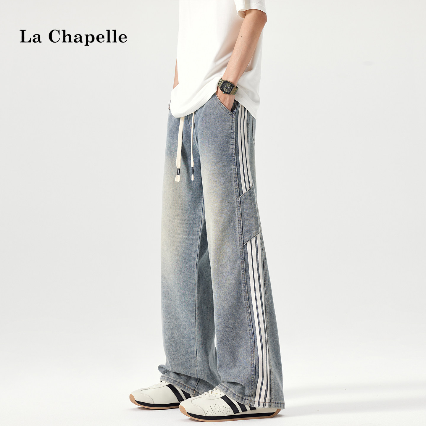 Бренд La Chapelle tide, потертые застиранные джинсы в полоску в американском стиле, мужские свободные универсальные брюки с широкими штанинами в стиле ретро Изображение 1