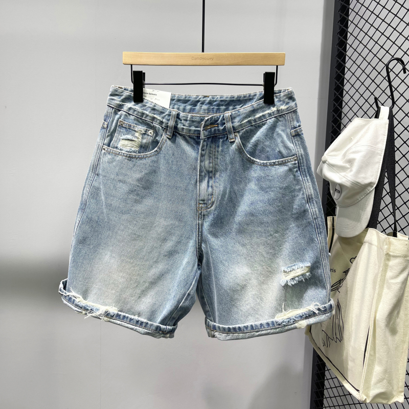 Chen Bangjia ▲ Light Blue Distressed Denim Shorts for Men, Trendy Summer Ripped Mid-Length Shorts, Ripped Five-Point Shorts Chen Bangjia ▲ Light Blue Distressed Denim Shorts for Men, Trendy Summer Ripped Mid-Length Shorts, Ripped Five-Point Shorts
