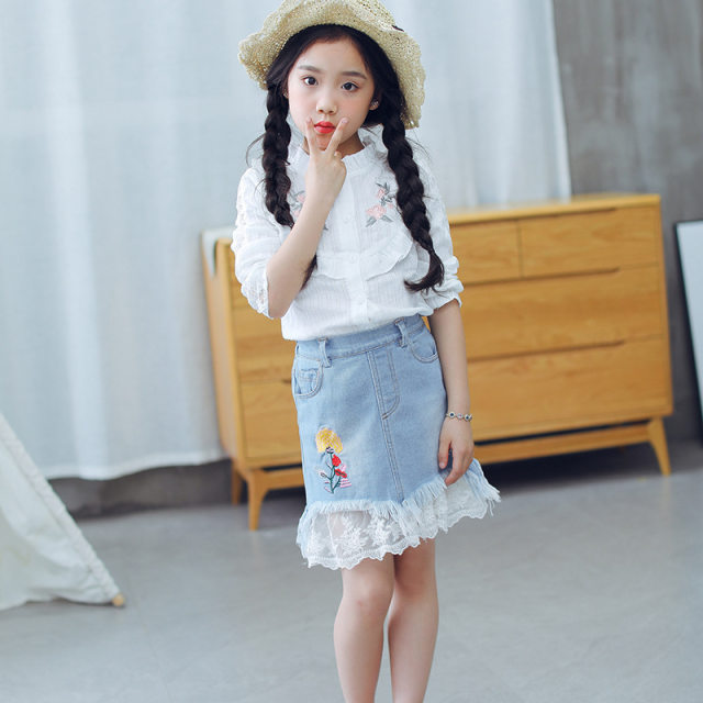 Lace denim skirt spliced ​​​​mesh skirt high waist short skirt girls summer new children's clothes Korean version a-line skirt