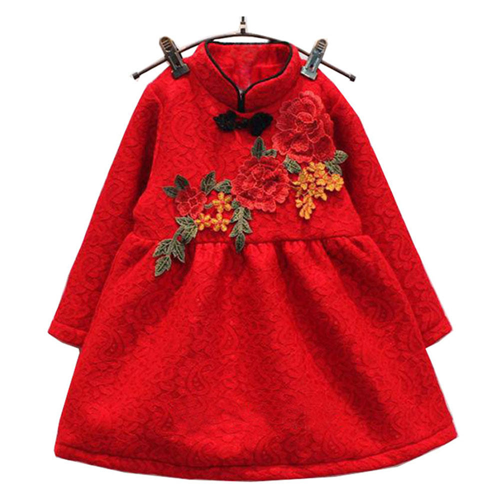 New children's clothing girls winter New Year's clothing plus velvet thickened dress Chinese style Tang suit long-sleeved disc button princess skirt