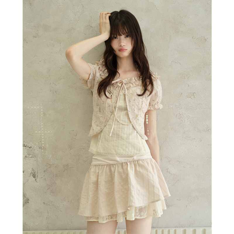 Today's Artist Original Creation: "Pink Peach Tea" Pink Korean-Style Faux Two-Piece Puff Sleeve Top and Short Skirt Set Today's Artist Original Creation: "Pink Peach Tea" Pink Korean-Style Faux Two-Piece Puff Sleeve Top and Short Skirt Set