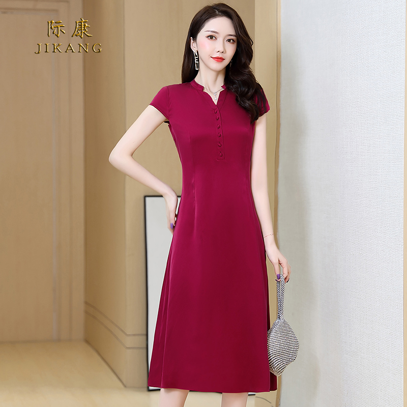 Hangzhou Heavy Silk Dress, Mulberry Silk Brand, Summer Slim-Fit Waist-Cinching V-Neck, Elegant Lady's Modernized Cheongsam Dress