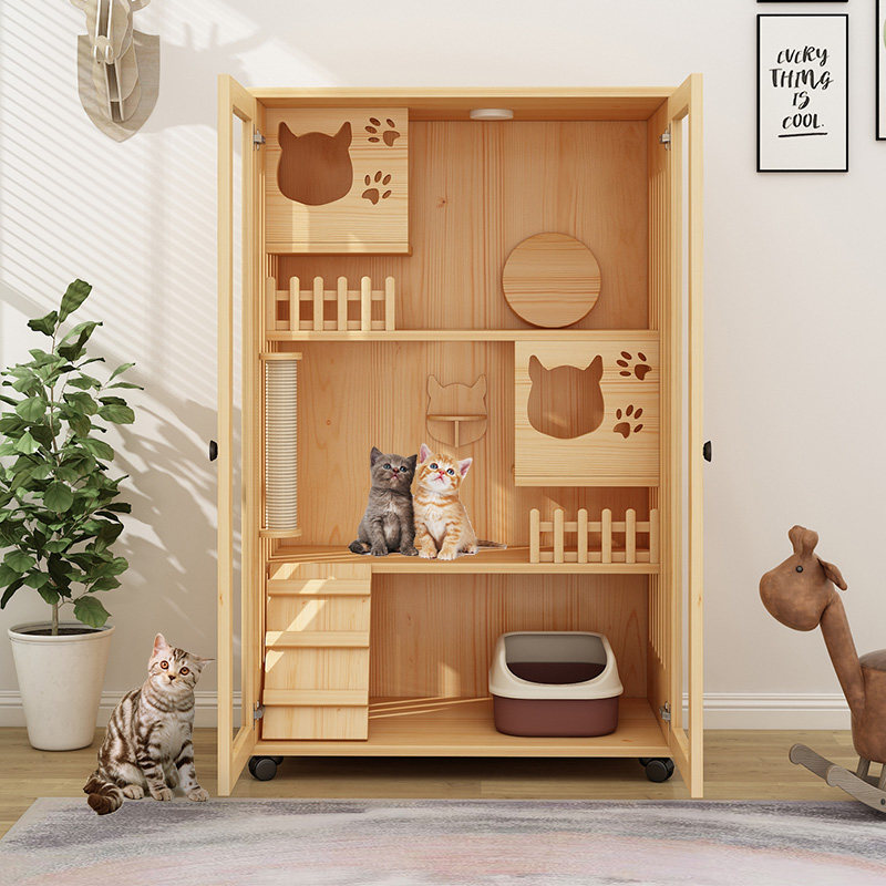 Oversized solid wooden cat villa cat cage large household cat house Large luxury free space three-story cat house