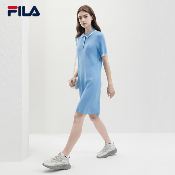 FILA 여성 직조 드레스 2024 여름 신작 드레스 패션 캐주얼 라펠 반팔 스커트