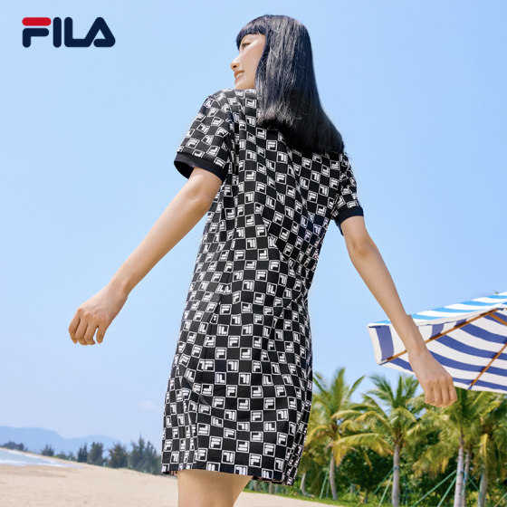 FILA 노안 드레스 여성 여름 풀 프린트 기질 드레스 허리 슬리밍 슬림 폴로 롱 스커트