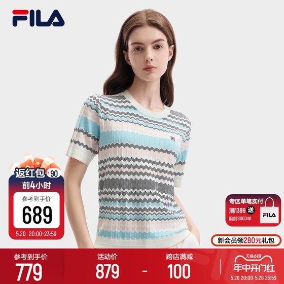 FILA Official Women's Knitted Shirt 2024 Summer New Colorful Wave Casual Basic Short sleeved Top