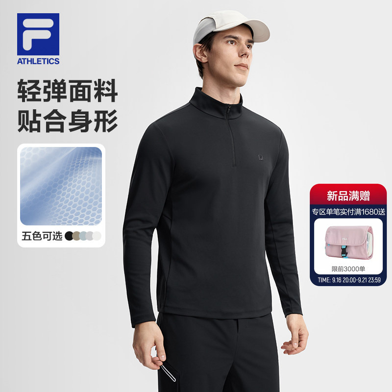 Fila Sports Fitness Long-Sleeved T-Shirt 2026 Autumn Men's Half-Zip Black Knitted Casual Top Fila Sports Fitness Long-Sleeved T-Shirt 2026 Autumn Men's Half-Zip Black Knitted Casual Top