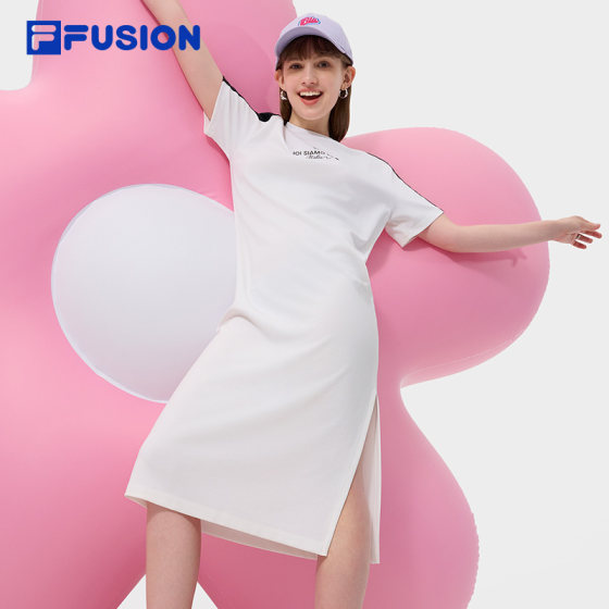 FILAFUSION 휠라 패션 브랜드 여성 드레스 2024 여름 신작 루즈 슬릿 티셔츠 스커트 롱 스커트