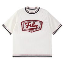 FILA FUSION Fila trendy brand womens knitted shirt 2024 autumn new loose cotton short-sleeved contrast top