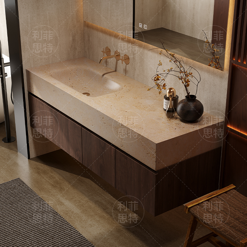 Wabi-Sabi Style Travertine Slate Integrated Bathroom Cabinet Combination Mirror Cabinet Washbasin Bathroom Washbasin Bathroom Washbasin