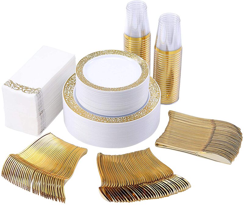 175 Pieces of Disposable Gold-Rimmed Tableware for Foreign Trade, Including Plates, Wine Glasses, Knives, Forks, Spoons, Hard Plastic Rose Gold Hollow Plate Set 175 Pieces of Disposable Gold-Rimmed Tableware for Foreign Trade, Including Plates, Wine Glasses, Knives, Forks, Spoons, Hard Plastic Rose Gold Hollow Plate Set