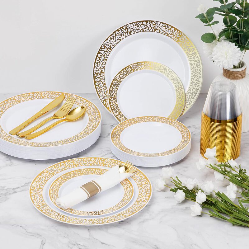 175 Pieces of Gold-Edged Western-Style Disposable Tableware Set, Gold Hollow Plates, Wine Glasses, Knives, Forks, Spoons, Plastic Party Plates
