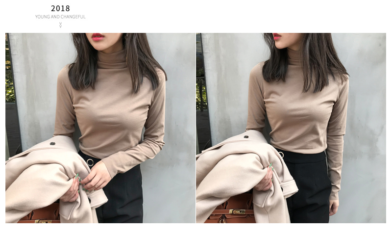 Mùa thu đông mới áo cổ cao chạm đáy áo thun nữ dày hoang dã Áo thun cộng với nhung dài tay áo cổ lọ áo phông nữ dài tay