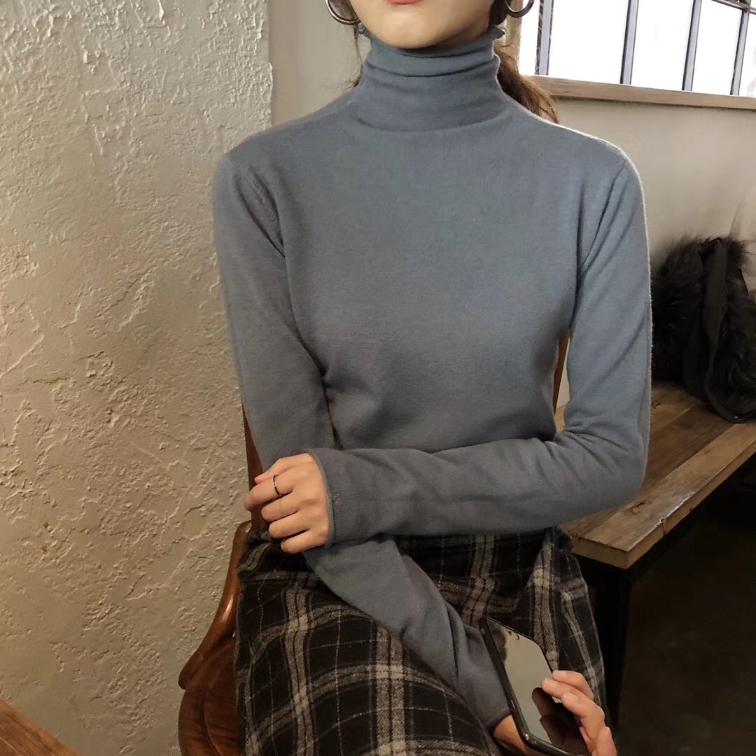 Heap-tóm cổ đáy dệt kim dài tay mùa thu đông 2019 mới cổ cao không khí chặt chẽ áo len rắn màu của phụ nữ