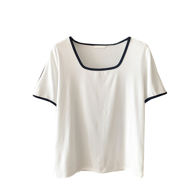 French square neck top summer 2024 new style unique and unique design niche loose short-sleeved right shoulder T-shirt for women