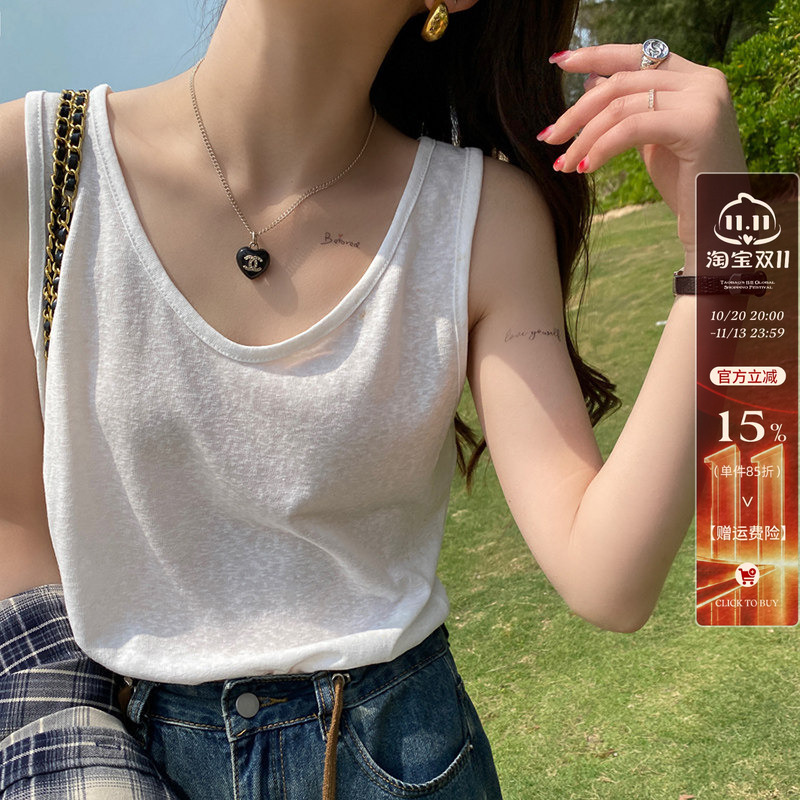 White Bamboo Cotton and Linen Camisole for Women, Suitable for Outerwear or Layering, 2026 Autumn New Style, Loose Fit, Plus Size, Casual Top