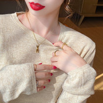 Round-collar needlework Womens spring autumn clothes 2022 new loose slim fit inside a long sleeve cashmere blouse blouse