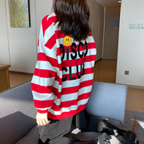 Striped round collar necropolis 2022 new loose Korean version Lazy Wind in Spring and Autumn Thin Foreign Air 100 Hitch Blouse