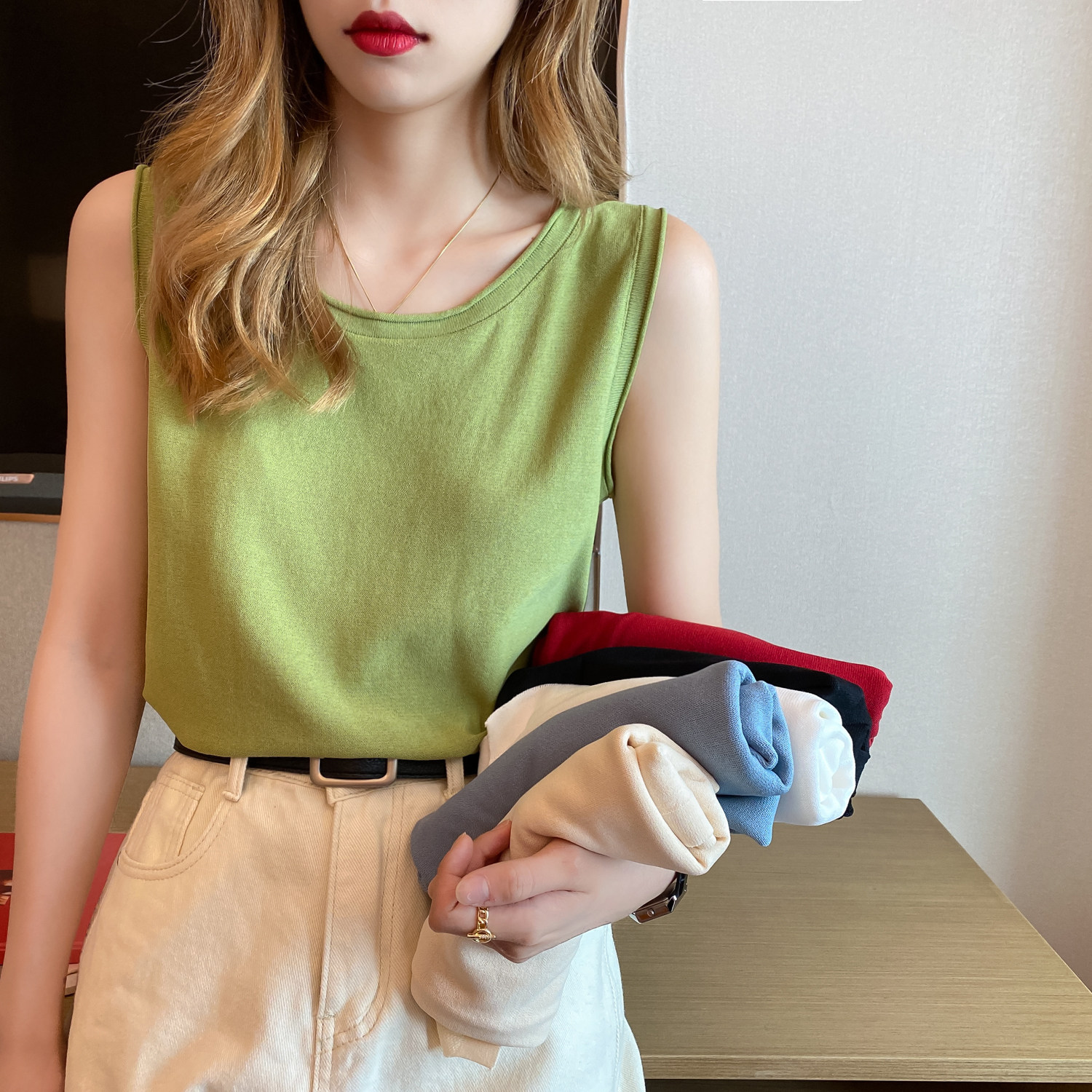 Awn fruit hanging vest female summer wearing tide ice wire knitted sleeveless t-shirt with loose cotton slug-bottom coat