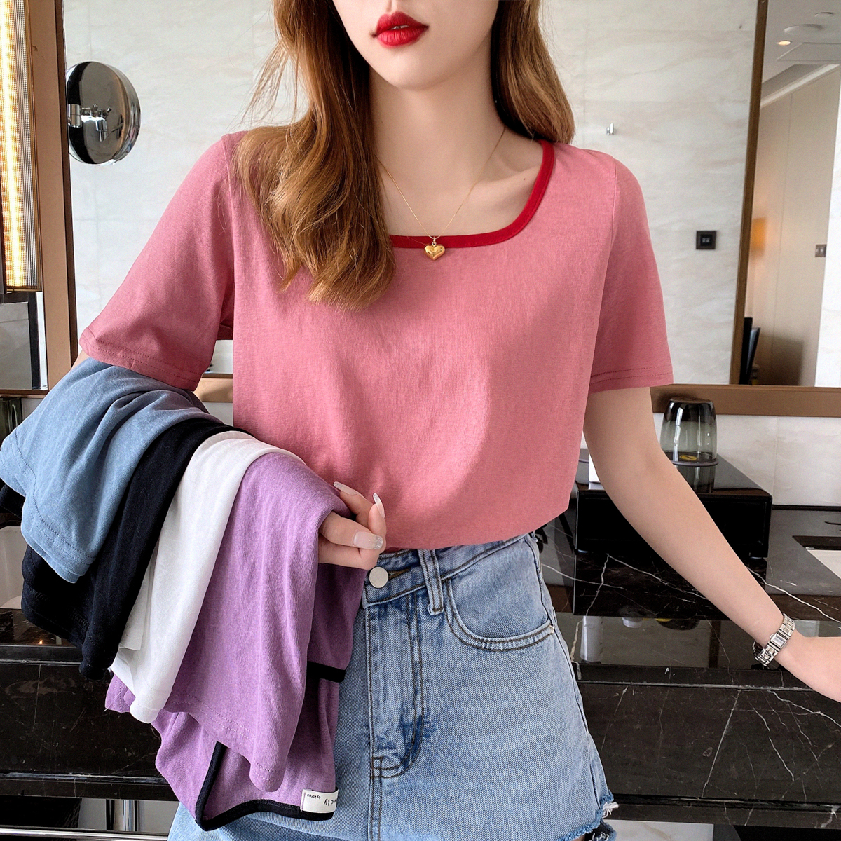 2022 new linen linen short-sleeved T-shirt female summer square collar Korean version loose solid color T-shirt ins tide super hot top