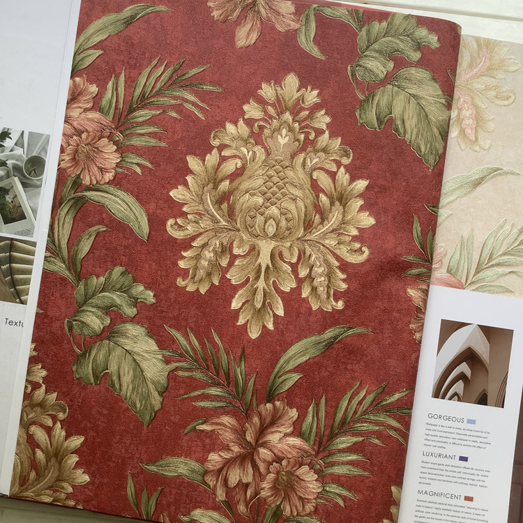 Big red retro American big flower wallpaper European pastoral living room black and white wallpaper beauty salon KTV box dark green