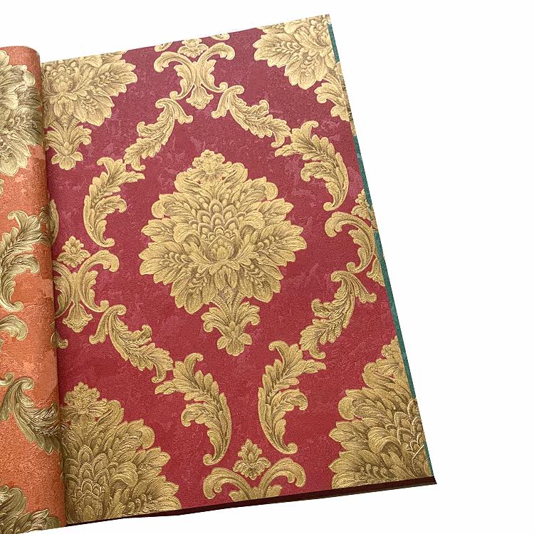 Orange European-style luxury Damascus wallpaper PVC embossed dark green bright red beauty club private room wallpaper