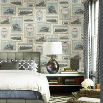 Mediterranean style train ship stamp wallpaper logbook personality American retro childrens room wallpaper