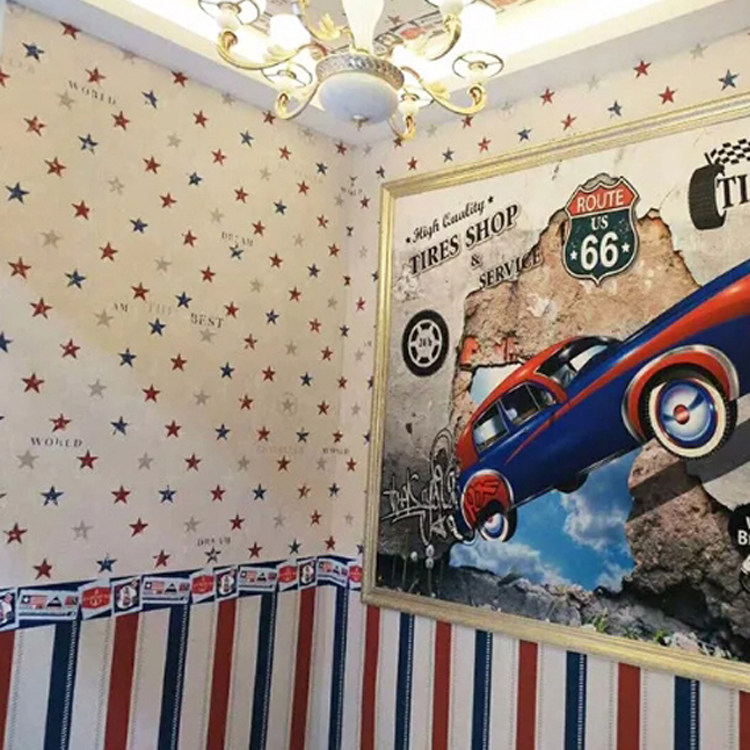 Nordic Inglén Style Vertical Stripes Stars Waist Line Seamless Wall Cloth Boy House Children House Wall Cloth Full House Custom