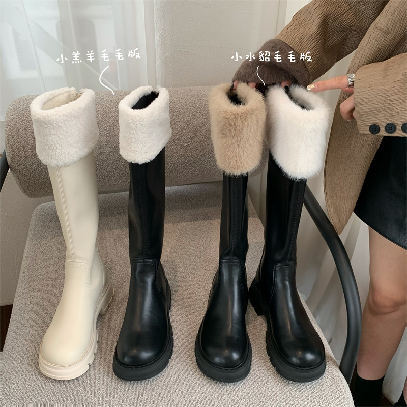 Lamb hair long cylinder boots women shoes 2023 new autumn and winter plus fluff woolen shoes milk white long boots though knee-Taobao