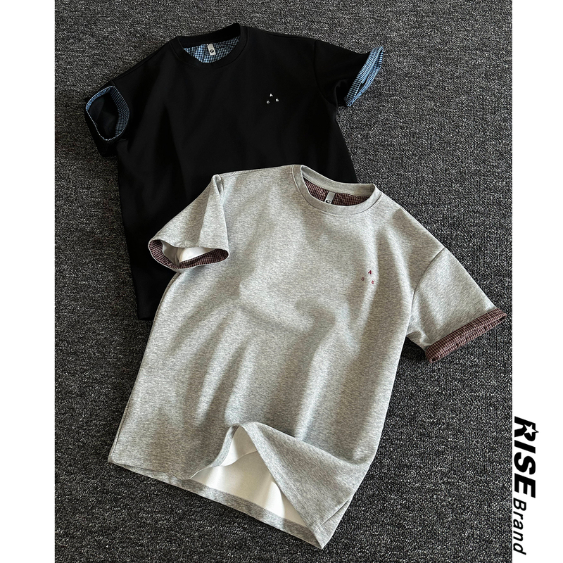 「Rise Brand」Casual Design, Clean Fit, Loose Design, Plaid Patchwork, Boxy Short-Sleeved T-Shirt