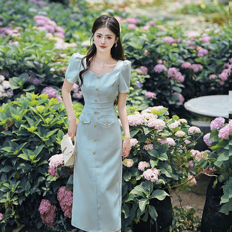 2025 New Sweet Tea Fragrance Dress, French Style Mint Dress, Fashionable New Sweet Slimming Sweet Tea Dress