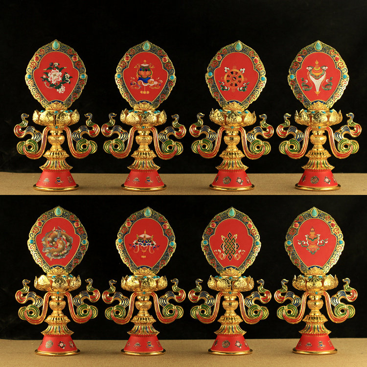 Tibetan Buddhist temple Buddha's Hall of Fart Colorful Drawing of Eight Auspicious Pendulum Pieces for the Buddha's Eight Auspicious Eight Treasures Total Set 14-inch